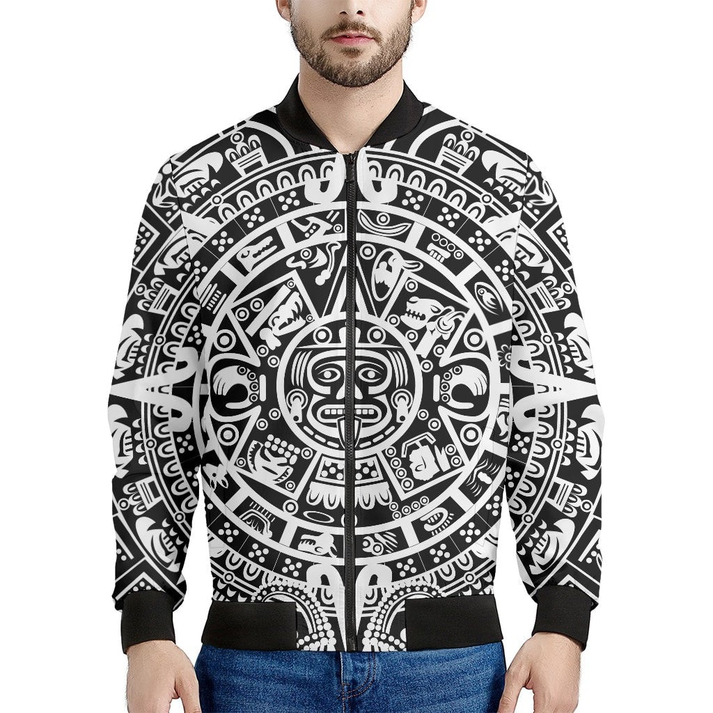 White And Black Maya Calendar Print Men's Bomber Jacket